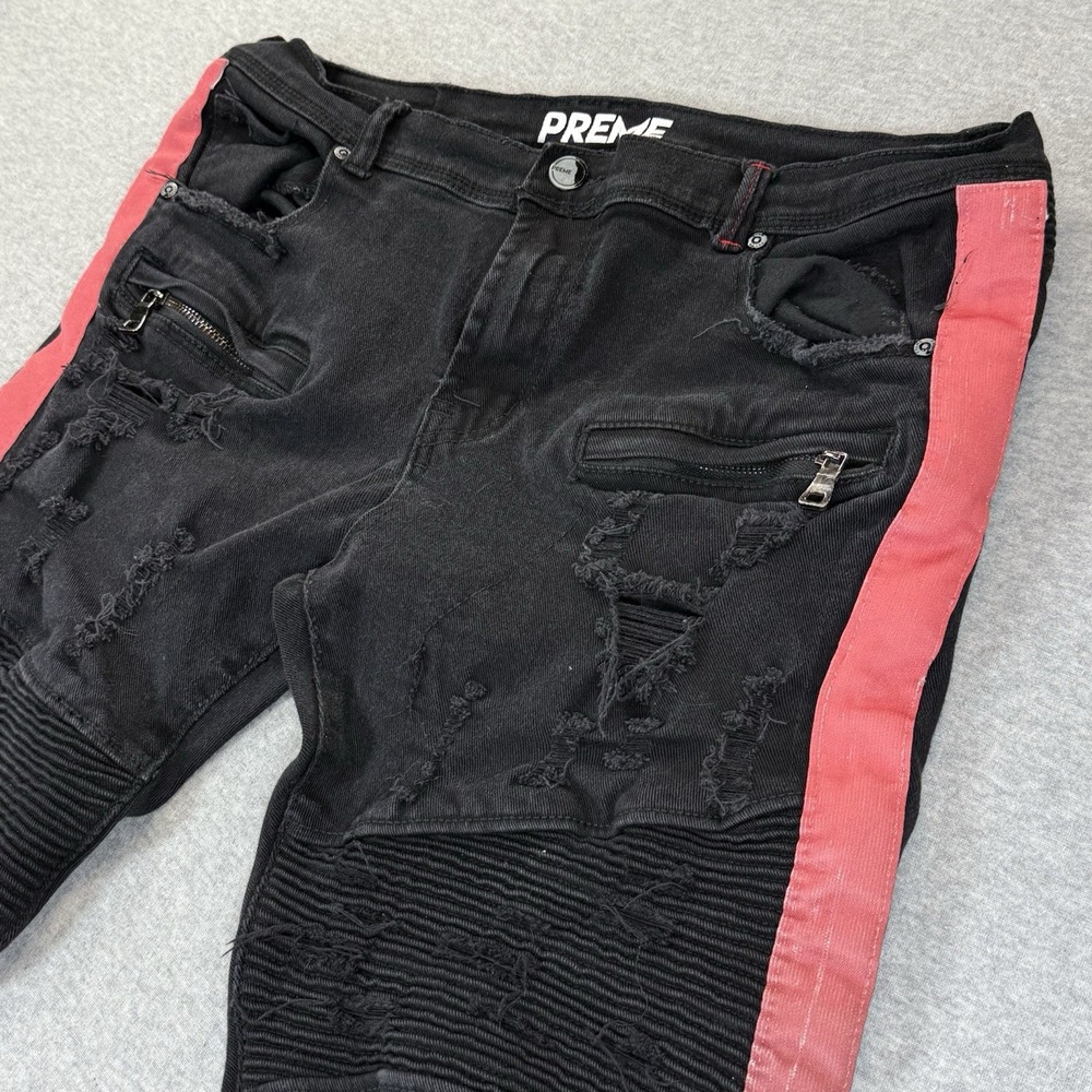 Preme Jeans Mens 38x34 Distressed Ripped Black Moto Goth Skinny Slim Fit